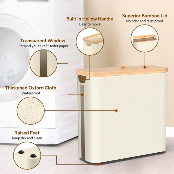 Toilet Paper Storage w/Bamboo Lid, 33.8L Foldable Toilet Paper Basket Organizer - Picture 5 of 7
